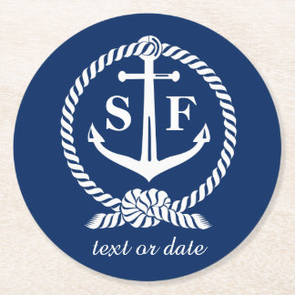 Klassieke monogram Nautical Blue Anchor Beach Boat Ronde Kartonnen Onderzetter