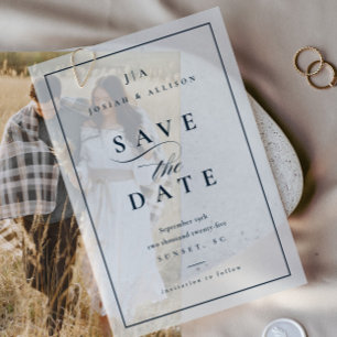 Klassieke Monogram Navy Blauwe Trouw Save the Date Vellum Uitnodigingen