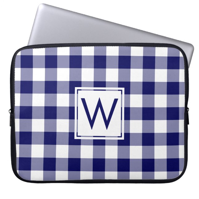 Klassieke monogram Navy Blue Gingham Pset Pattern Laptop Sleeve (Voorkant)