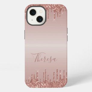 Klassieke Monogram Roze Gouden Gedruppelde Glitter iPhone 13 Hoesje