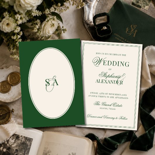 Klassieke Monogram Smaragdgroene Oud Geld Huwelijk Kaart