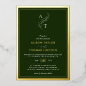 Klassieke Monogram Trouwen Goud Diep Bos Groen Folie Uitnodiging (Voorkant)