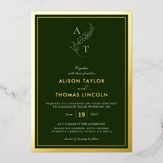 Klassieke Monogram Trouwen Goud Diep Bos Groen Folie Uitnodiging (Voorkant)