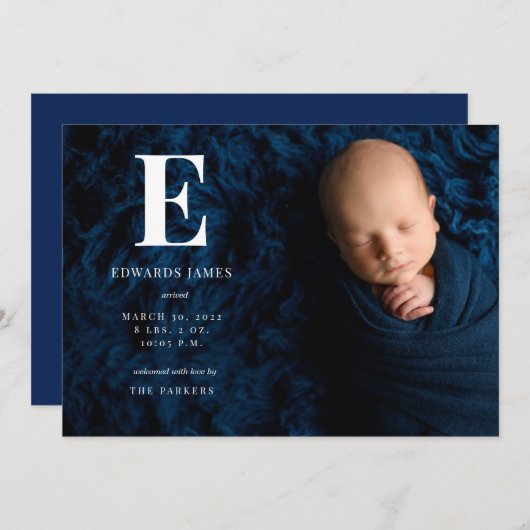 Klassieke monogram volledige foto pasgeboren Baby Aankondiging (Voorkant / Achterkant)