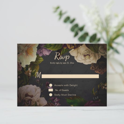 Klassieke Moody Bloemen op Zwarte Uitnodiging (Staand voorkant)