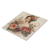 Klassieke, mooie edelvrouw met Rozen Ornament Tegeltje (Zijkant)