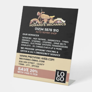 Klassieke Motorfiets, Auto Mechanic & Reparaties A Reclamebord Met Voetstuk