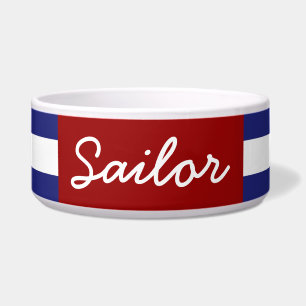 Klassieke Nautical Blue en White Stripe personaliz Voerbakje