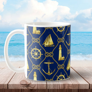 Klassieke Nautical Navy Blue en Gold Rope Knots Koffiemok