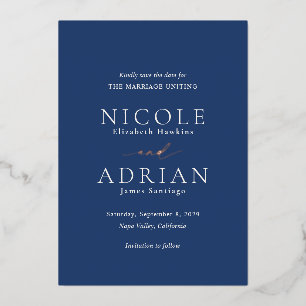 Klassieke Navy Blue Elegant Wedding Save the Date Folie Uitnodiging