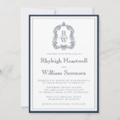 Klassieke Navy Blue Monogram Crest White Wedding Kaart (Voorkant)