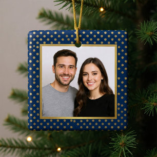 Klassieke Navy & Gouden Stippenlijst Foto Kerstmis Metalen Ornament