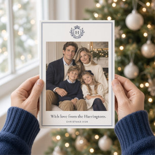Klassieke Navy Monogram Wapen Familiekerstfoto Feestdagenkaart