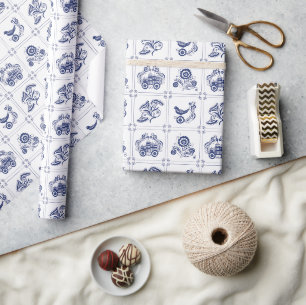 Klassieke Nederlandse Blauwe Delfts Tegel Bloem en Cadeaupapier