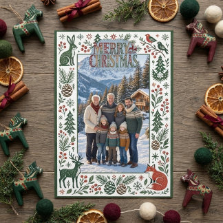 Klassieke Noordse Winter Alpen Kerst Familie Foto Kaart