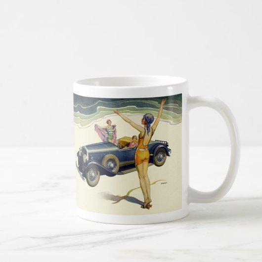 Klassieke open auto op het strand koffiemok (Rechts)