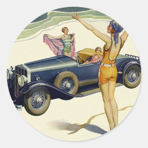 Klassieke open auto op het strand ronde sticker
