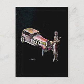 klassieke oude auto en 1920-stijl art deco lady briefkaart