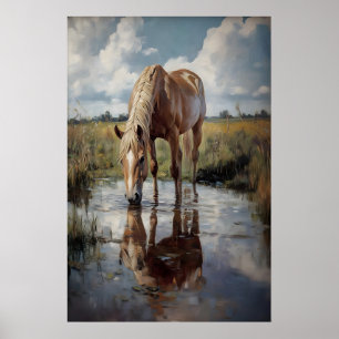 Klassieke paardenprint, wildbloemenveld, boerderij poster