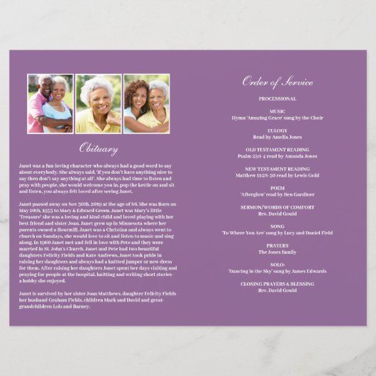 Klassieke Paarse Loving Memory Funeral Program (Achterkant)