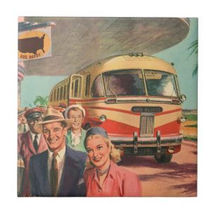 Klassieke passagiers op vakantie bij het busstatio tegeltje