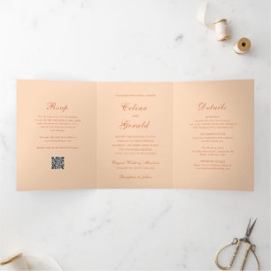 Klassieke Peach QR Code Elegante bruiloft Drieluik Uitnodiging