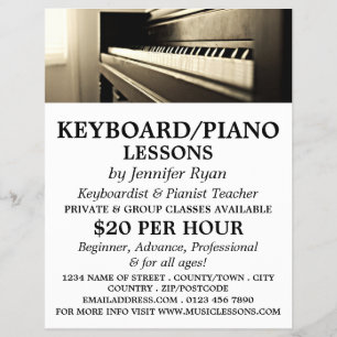 Klassieke piano, toetsenbord, pianolessen flyer