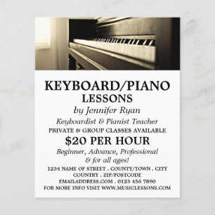 Klassieke piano, toetsenbord, pianolessen flyer