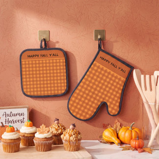 Klassieke pompoen herfst gingham ruitruit ovenwant & pannenlap set