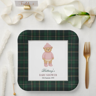 Klassieke Preppy Beer Ontwerper Geruite Baby Showe Papieren Bordje