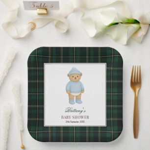 Klassieke Preppy Beer Ontwerper Geruite Baby Showe Papieren Bordje