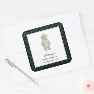 Klassieke Preppy Beer Ontwerper Geruite Baby Showe Vierkante Sticker