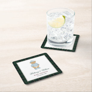 Klassieke Preppy Beer Schotse Ruit Baby Shower Vierkante Kartonnen Onderzetter