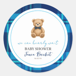 Klassieke Preppy Blauwe Geruite Teddybeer Baby Sho Ronde Sticker