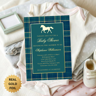 Klassieke Preppy Geruite Groene Paard Baby Shower Folie Uitnodiging
