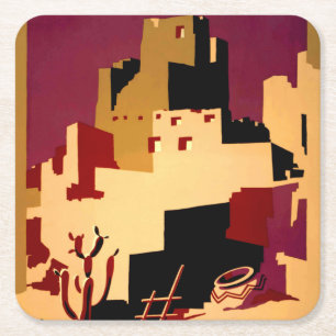 Klassieke Pueblo's van het Zuidwesten WPA-posterar Vierkante Kartonnen Onderzetter