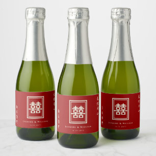 Klassieke rechthoek dubbel geluk Chinees huwelijk Sparkling Wijnetiket
