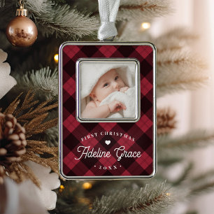 Klassieke Red Pset Baby's eerste kerstfoto Verzilverd Kader Ornament