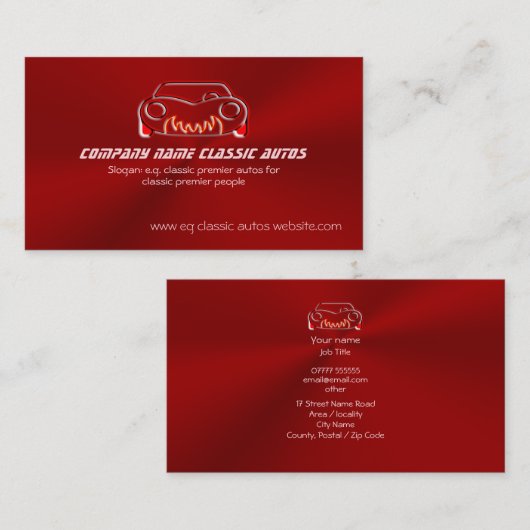 Klassieke Red Sports Auto op Crimson Metallic look Visitekaartje (Voorkant / Achterkant)