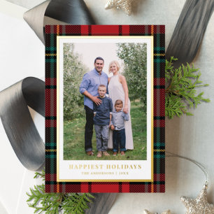 Klassieke Red Tartan + Gold Foil Holiday Fotokaart Folie Feestdagenkaart