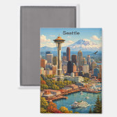 Klassieke reis Seattle Washington Skyline View Magneet (Voorkant / Achterkant)