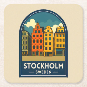 Klassieke Reis Stockholm Zweden Oude Stad Retro Vierkante Kartonnen Onderzetter