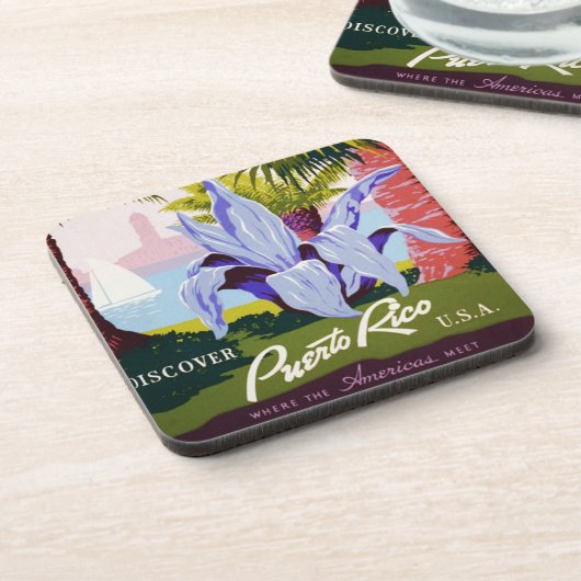 Klassieke Reisposter Kunst, Ontdek Puerto Rico! Bier Onderzetter (Linkerzijde)