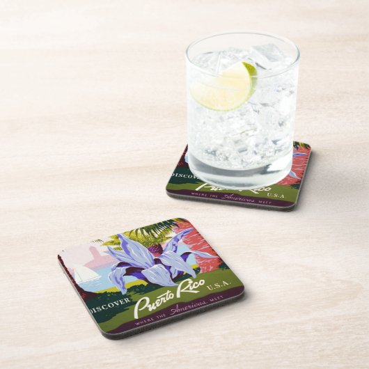 Klassieke Reisposter Kunst, Ontdek Puerto Rico! Bier Onderzetter (Rechterzijde)