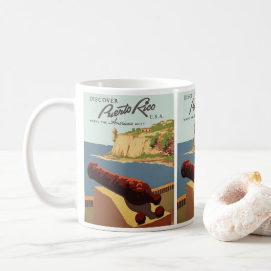 Klassieke reisposter kunst, Ontdek Puerto Rico! Koffiemok (Met donut)