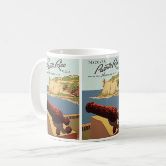 Klassieke reisposter kunst, Ontdek Puerto Rico! Koffiemok (Voorkant links)