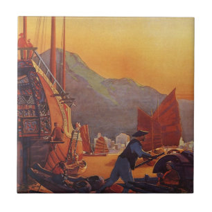 Klassieke Reizen, Vliegtuig Boven Junks in Hong Ko Tegeltje