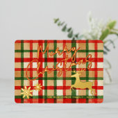 Klassieke rendieren op donkergroene rode geruite g folie feestdagenkaart (Staand Voorkant)