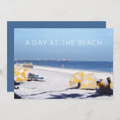 Klassieke Retro Beach, Blue Ocean Yellow mbrellas Save The Date (Voorkant / Achterkant)