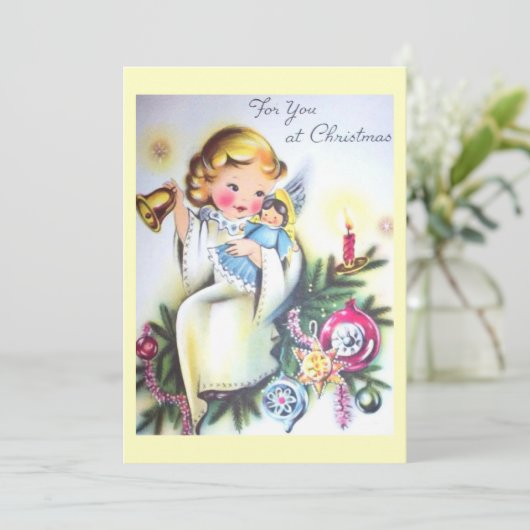 Klassieke Retro Engel in Kerstboom Feestdagenkaart (Staand voorkant)